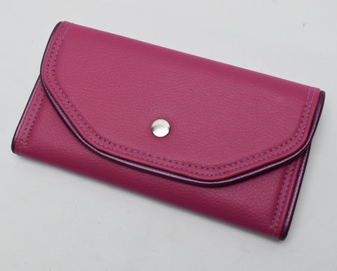 Slim Tri-fold wallet in hot pink vinyl with purple piping, purple vinyl card slot and cotton interior