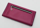 Slim Tri-fold wallet in hot pink vinyl with purple piping, purple vinyl card slot and cotton interior